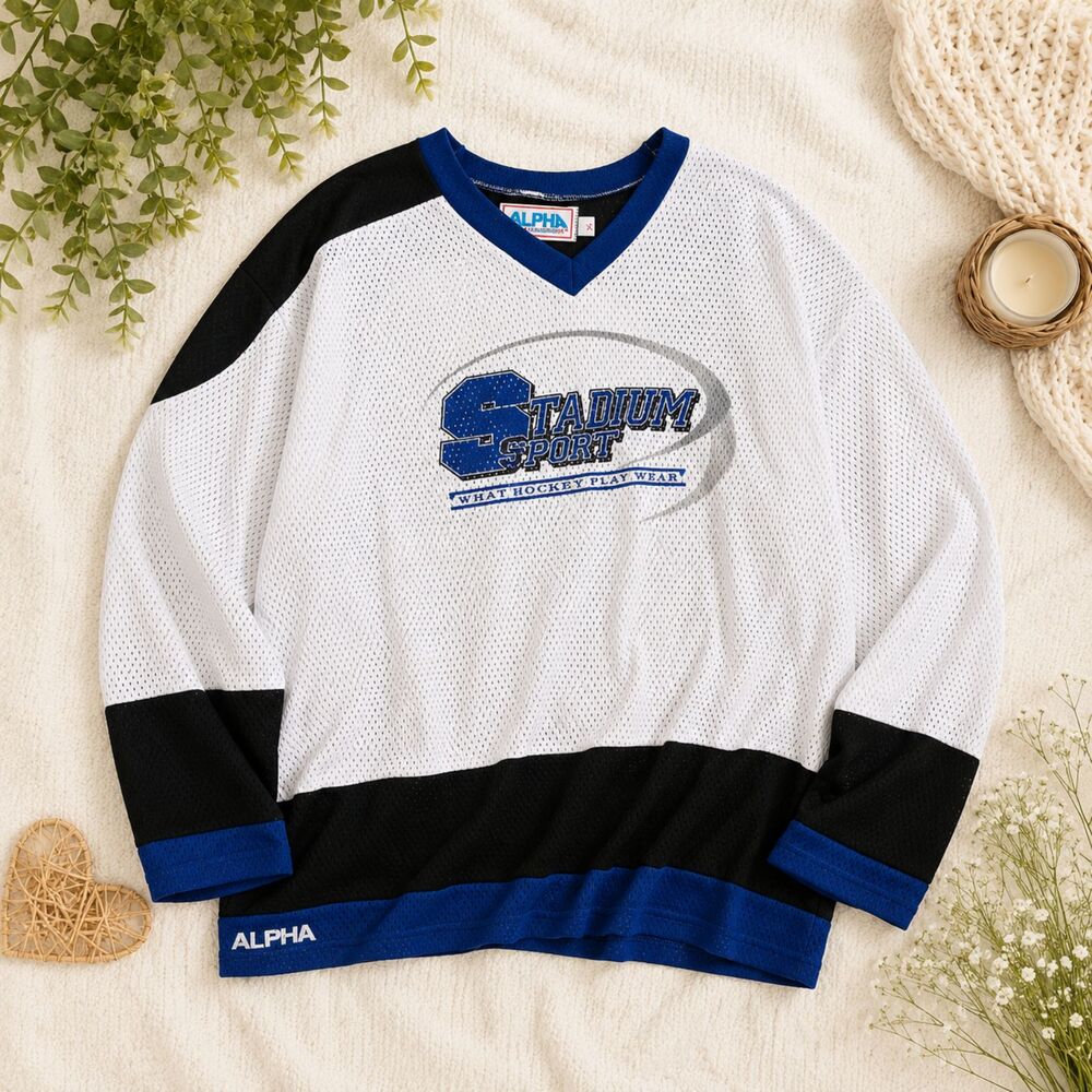 Vintage Alpha Sportswear Stadium Sport Hockey Jersey White Blue Mesh Size XL